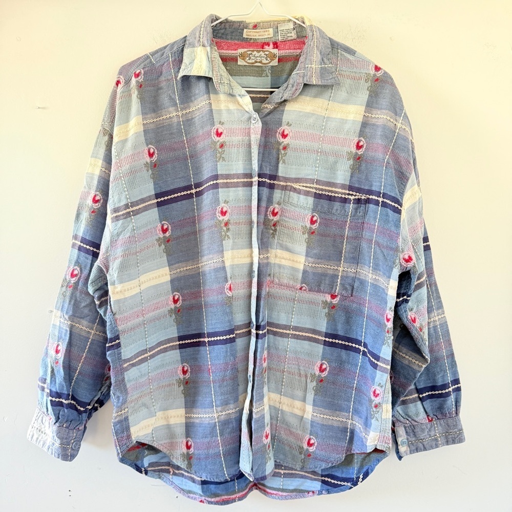 Vintage 1990 Angelique Imports Embroidered Plaid Blouse Cottagecore Folk Boho
